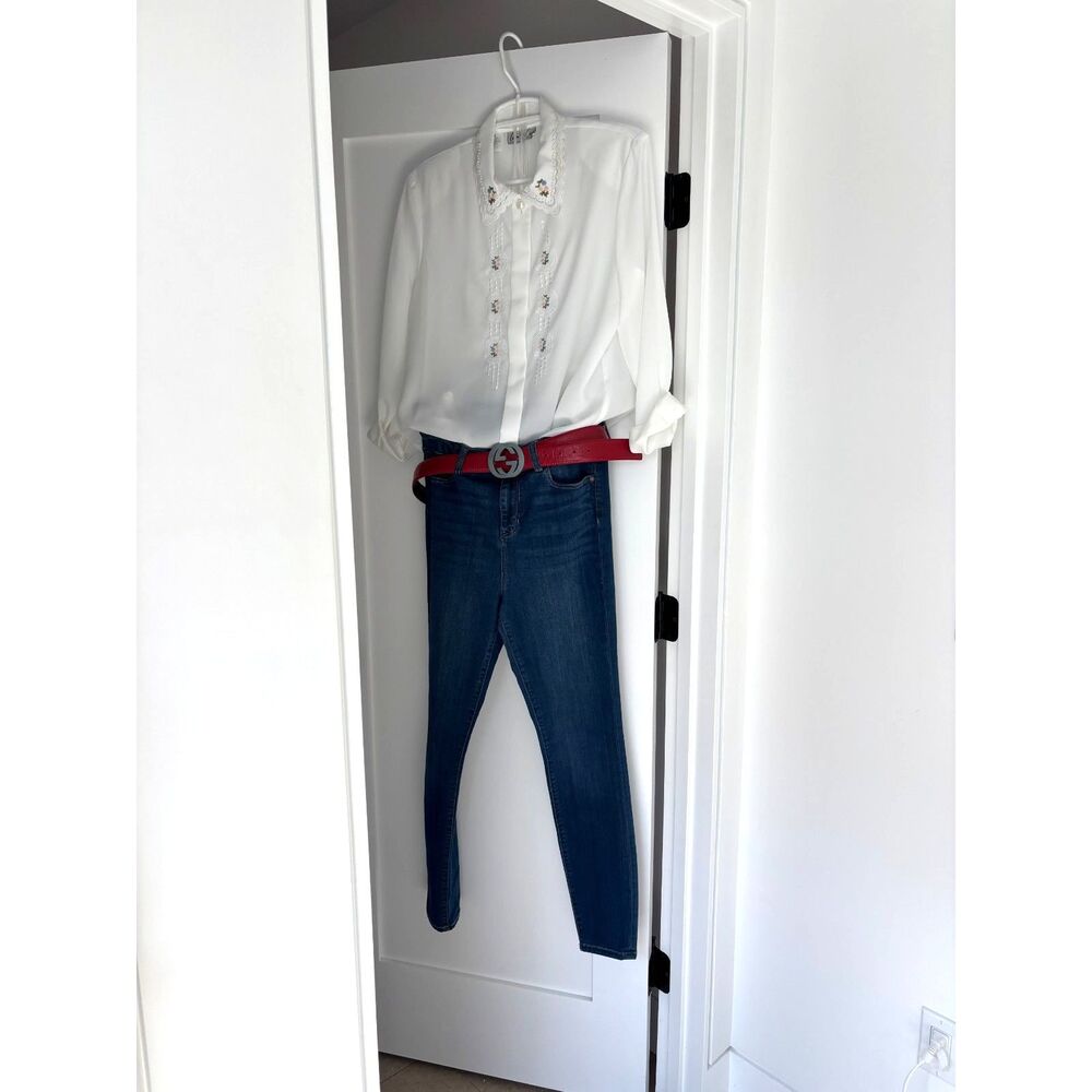 VTG 80s Kathy Che White Embroidered Pearl Scalloped Statement Collar Blouse M L - Picture 8 of 8